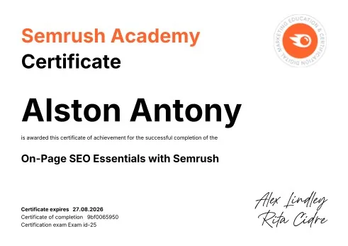 On-Page SEO Essentials with Semrush certificate by Semrush