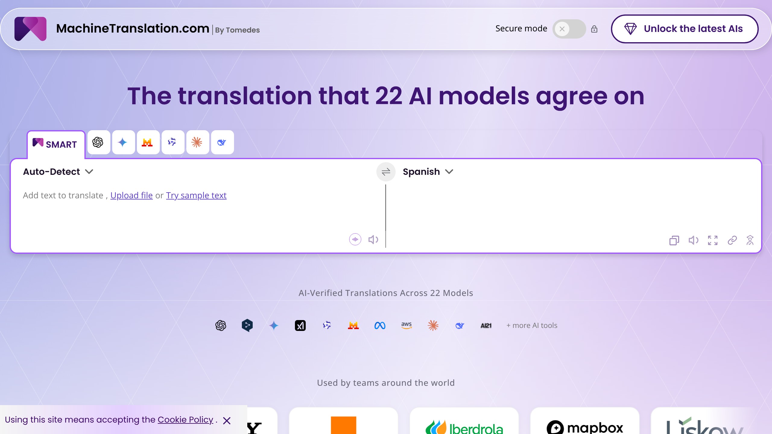MachineTranslation.com homepage showing the 22-model SMART translation comparison