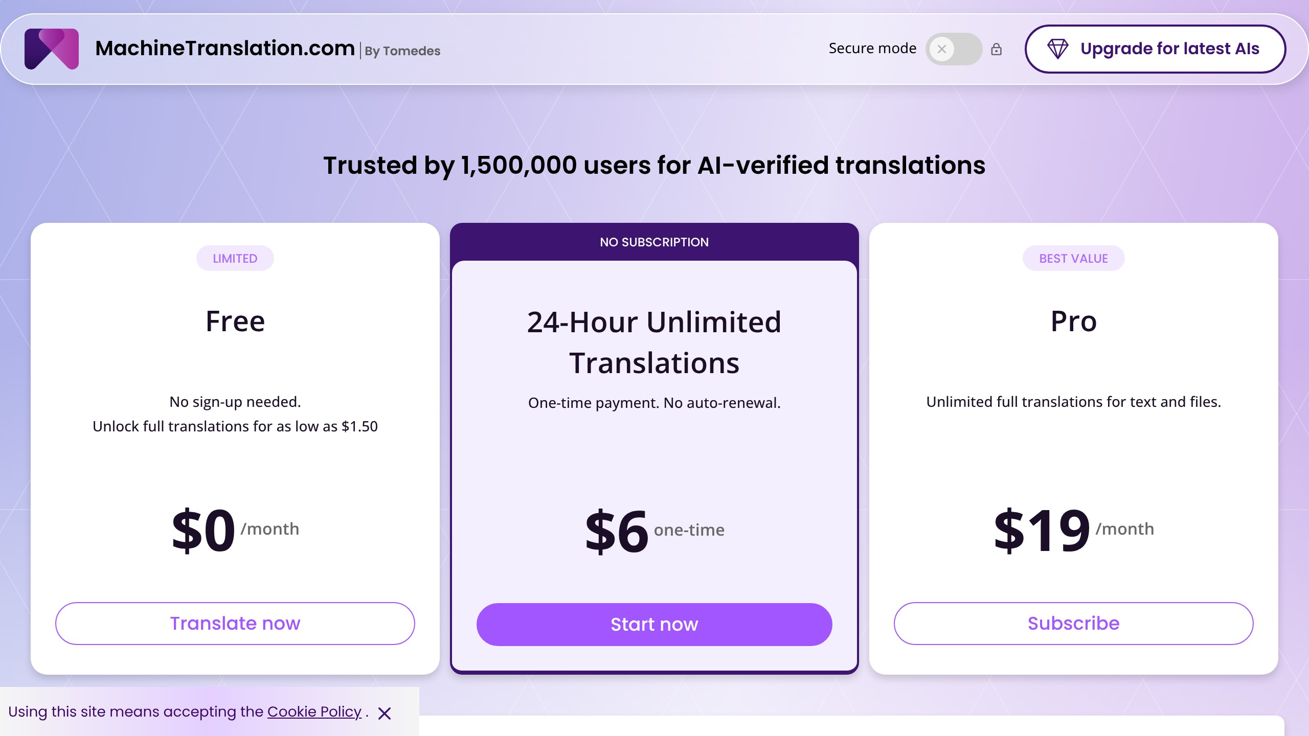 MachineTranslation.com pricing page with credit packs and unlimited plan tiers