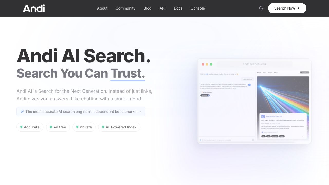 Andi AI Search interface, a ChatGPT alternative for private, ad-free web search