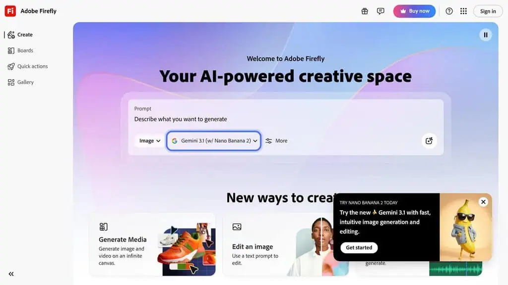 Adobe Firefly homepage with text-to-image generation tools