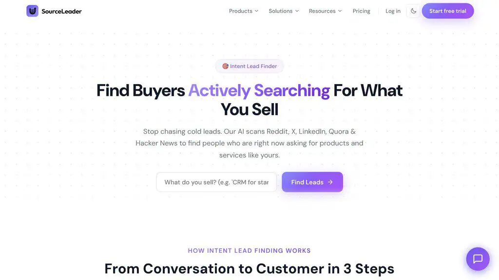 SourceLeader Intent Lead Finder product page showing intent monitoring