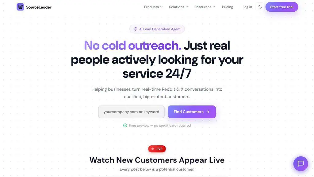 SourceLeader pricing page showing Starter, Professional, Business and Enterprise plans