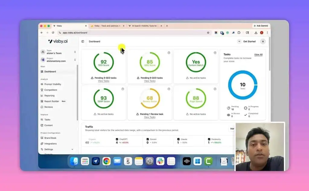 Visby AI dashboard overview with SEO and GEO score widgets and task summary
