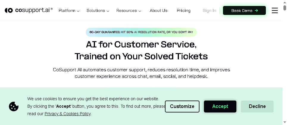CoSupport AI homepage showing the AI customer support platform value proposition and main product features