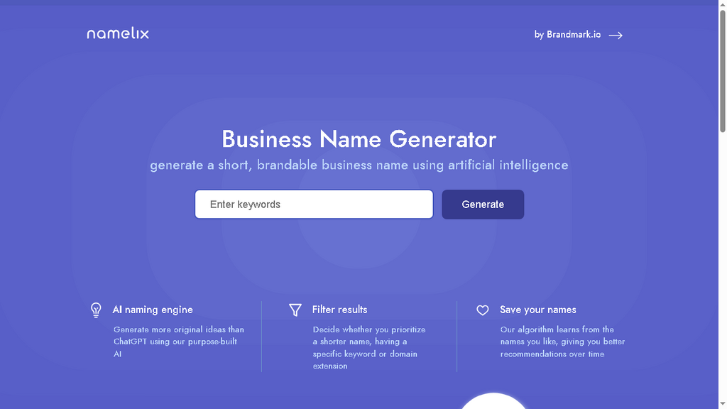 Namelix AI business name generator homepage with style preferences and brand description input