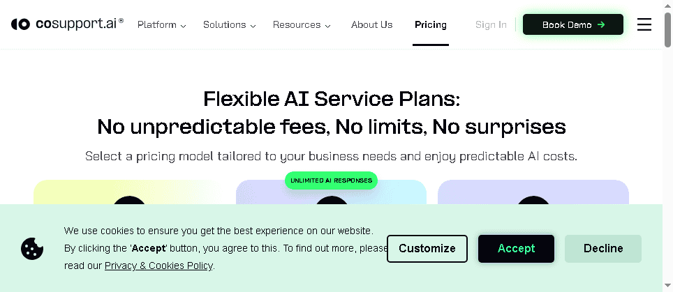 CoSupport AI pricing page showing three pricing models for AI customer support automation