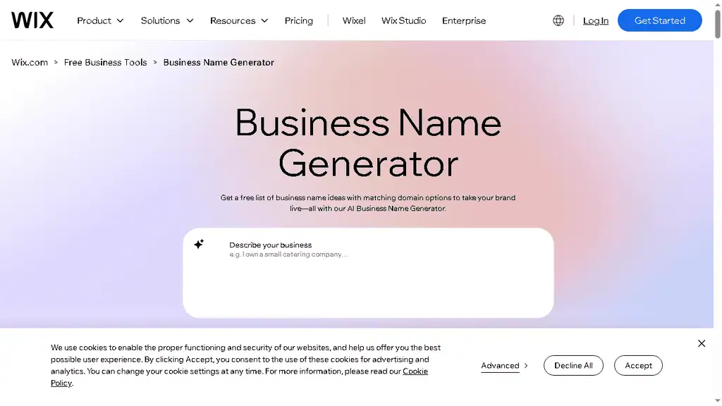 Wix business name generator with company description input and AI-powered brand suggestions