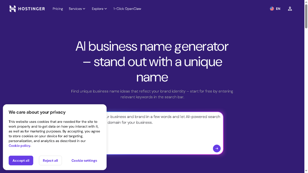 Hostinger AI business name generator with description input and language selection options