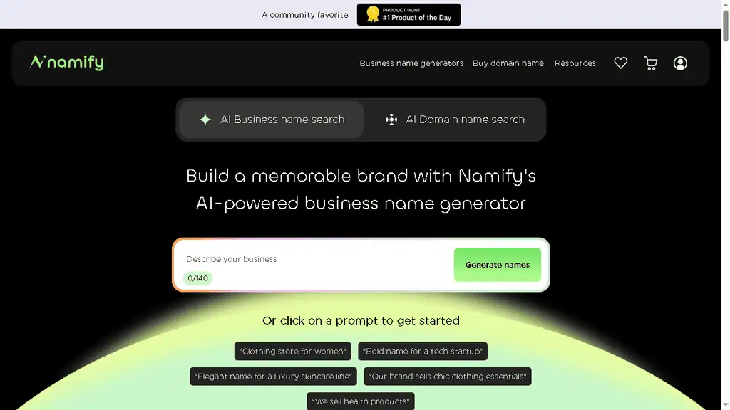 Namify AI business name generator landing page with free logo previews and brand suggestions