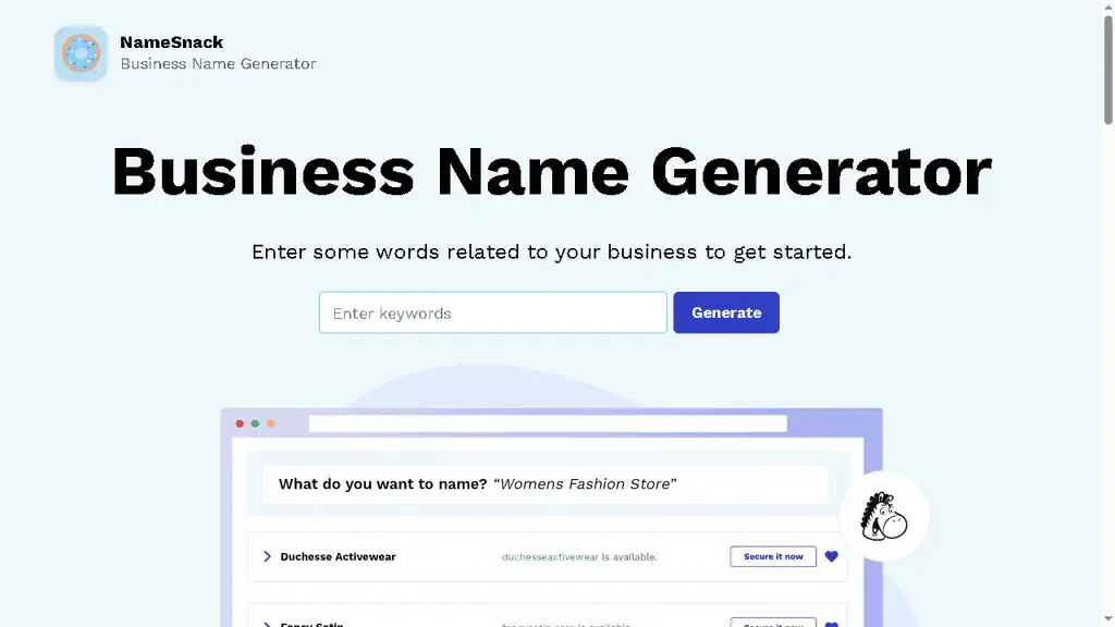 NameSnack business name generator with industry selection and local business naming focus