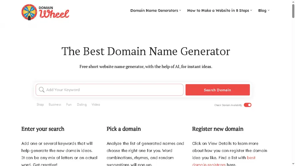 DomainWheel AI domain name generator interface with keyword input and TLD filtering