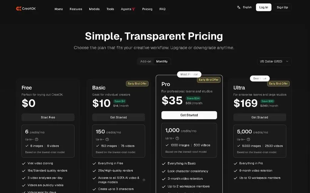 CreatOK pricing page showing Free, Basic at 7 dollars and Pro at 35 dollars monthly plans