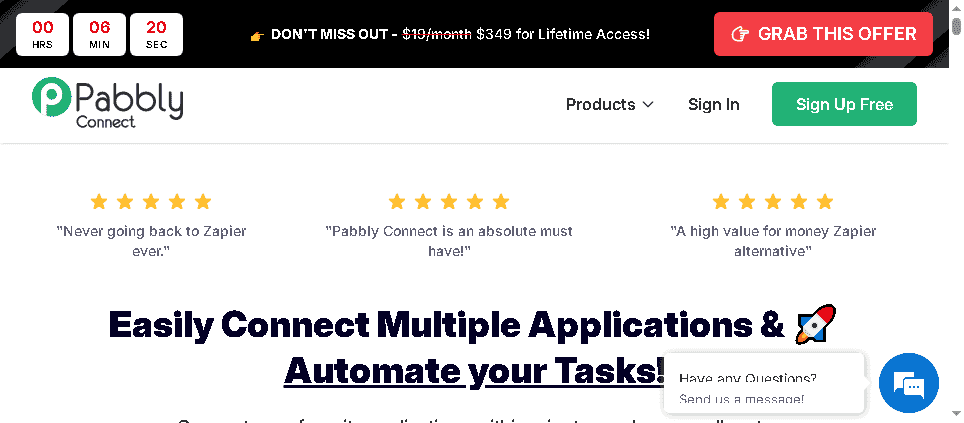 Pabbly Connect homepage showing the $349 lifetime deal banner and user testimonials