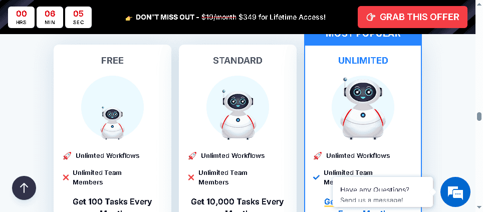 Pabbly Connect pricing tiers: Free, Standard, and Unlimited plans with task limits