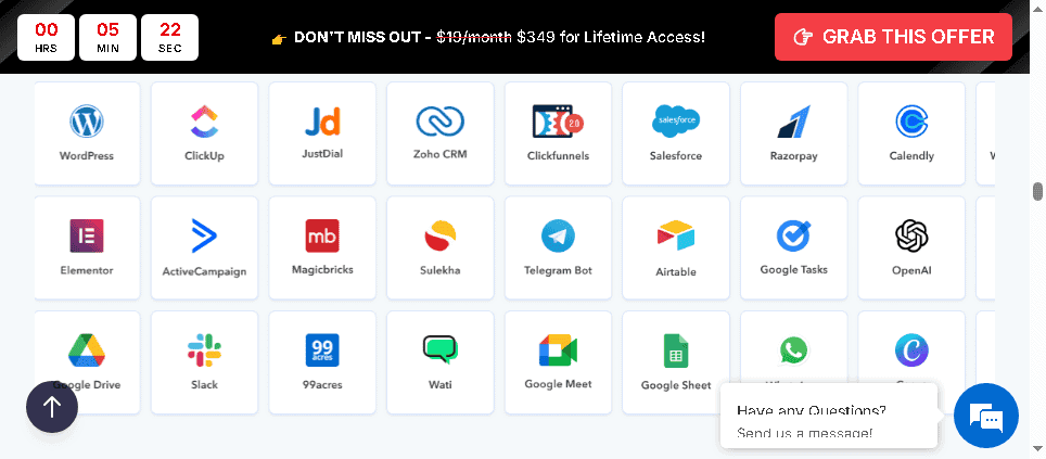 Pabbly Connect workflow editor showing integrations with WordPress, Salesforce, OpenAI, Google Sheets, and Slack