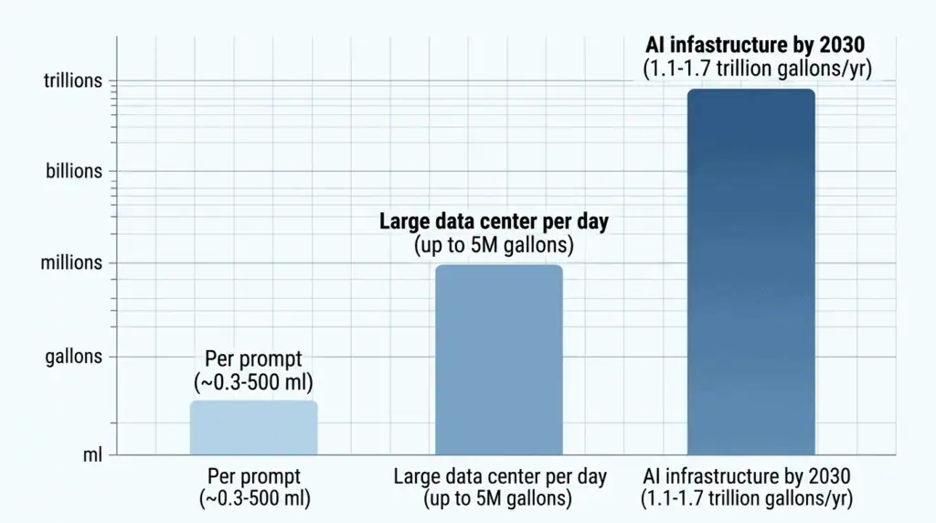 Bar chart comparing AI water use per prompt, per data center per day, and projected per year by 2030