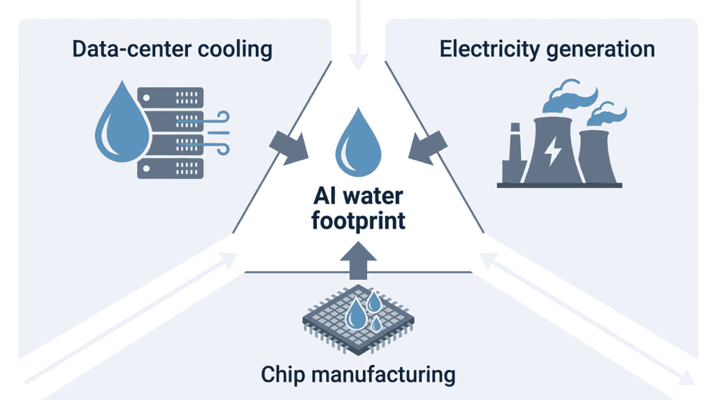 Diagram of the three ways AI uses water: cooling, electricity, chip manufacturing