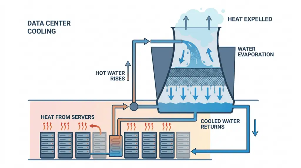 Evaporative cooling in an AI data center