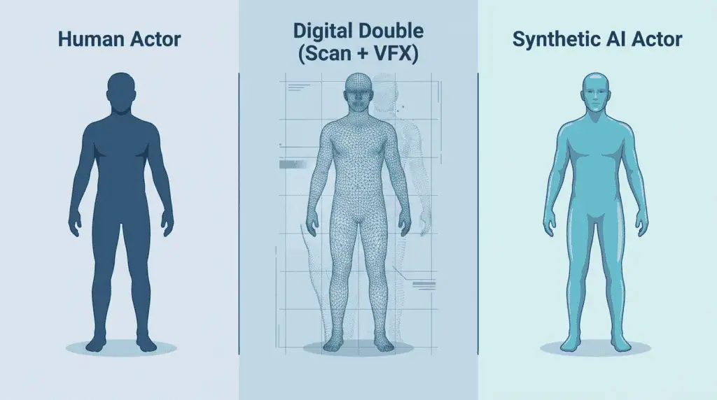 Illustration contrasting a human actor, a digital double, and a fully synthetic AI actor
