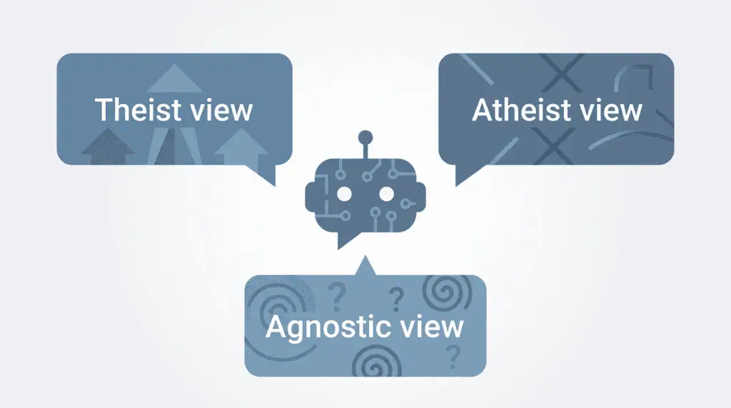 Illustration showing AI presenting multiple perspectives on God rather than holding one belief