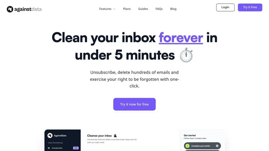 AgainstData homepage showing clean inbox in under 5 minutes with 23000 plus users