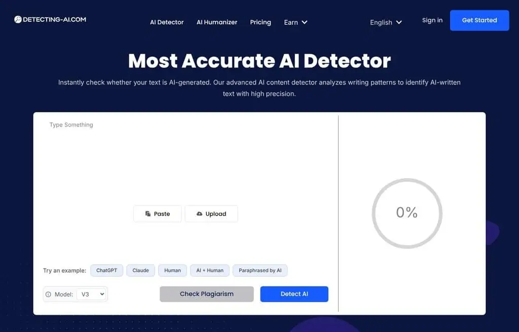 Detecting-AI AI detector homepage screenshot