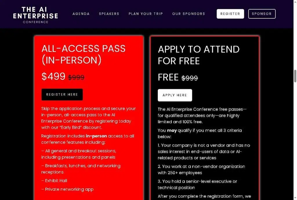 AI Enterprise Conference 2026 pass options showing the $499 all-access pass and the free apply-to-attend pass