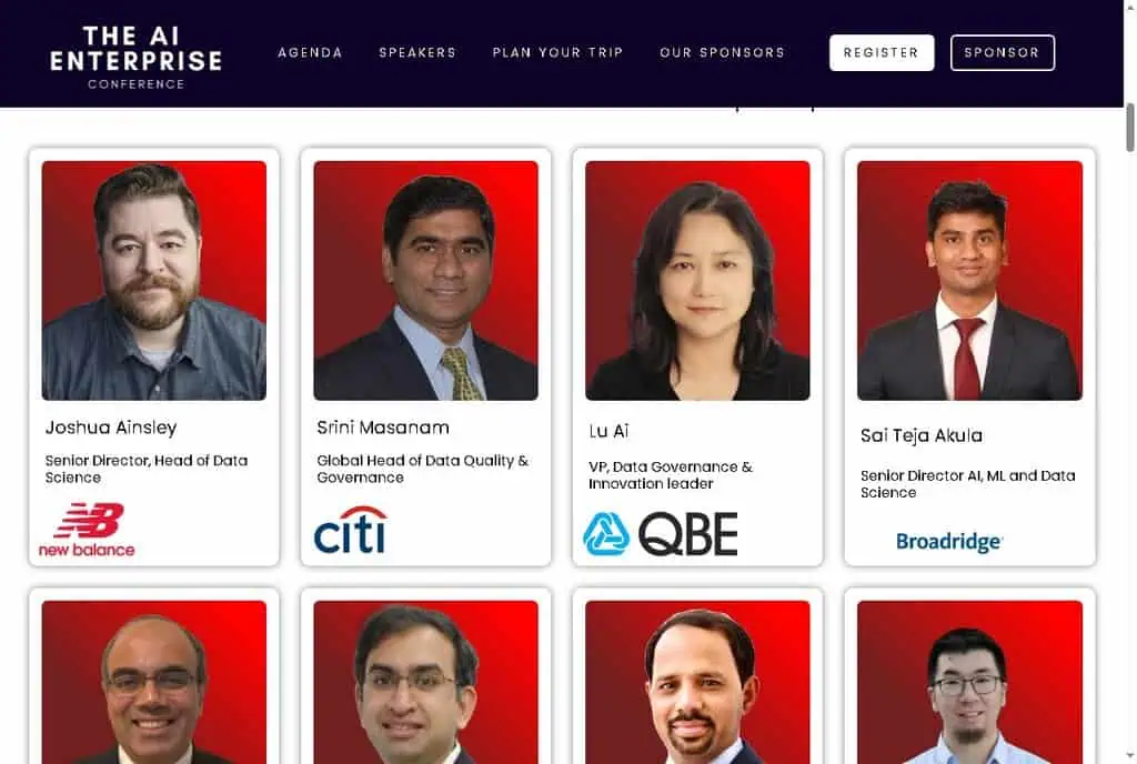 AI Enterprise Conference 2026 featured speakers grid showing data and AI leaders from top enterprises
