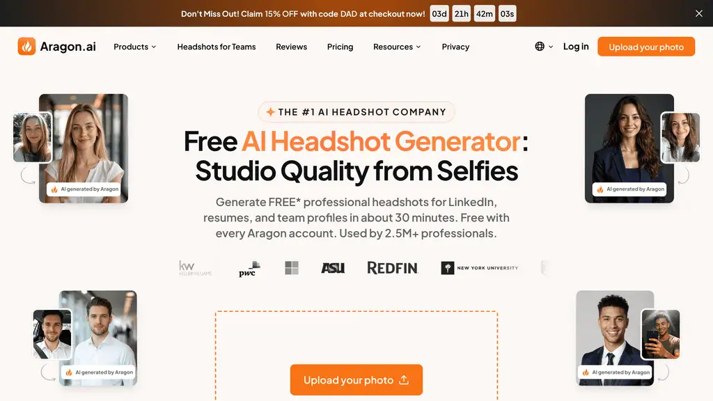 Aragon AI free headshot generator homepage