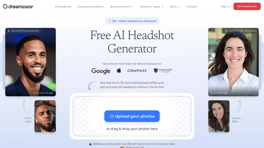 Dreamwave AI free headshot generator homepage
