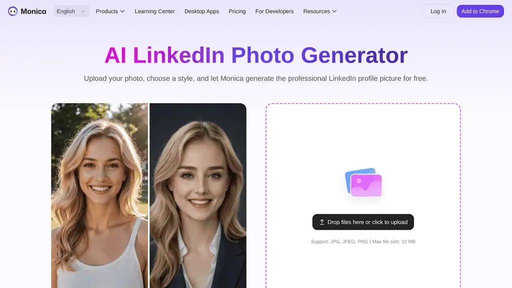 Monica AI LinkedIn photo generator homepage