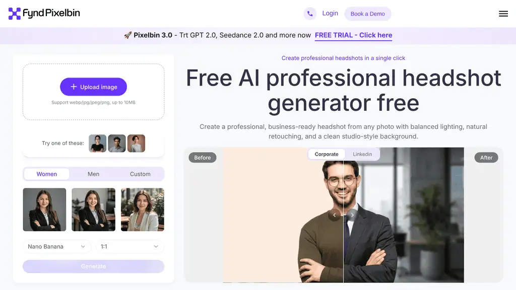 Pixelbin free AI professional headshot generator
