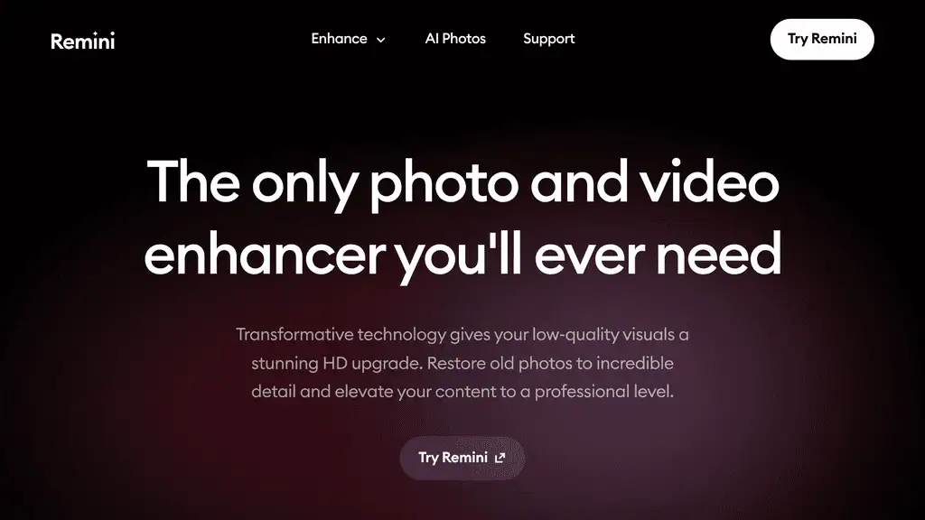 Remini AI photo and portrait enhancer homepage