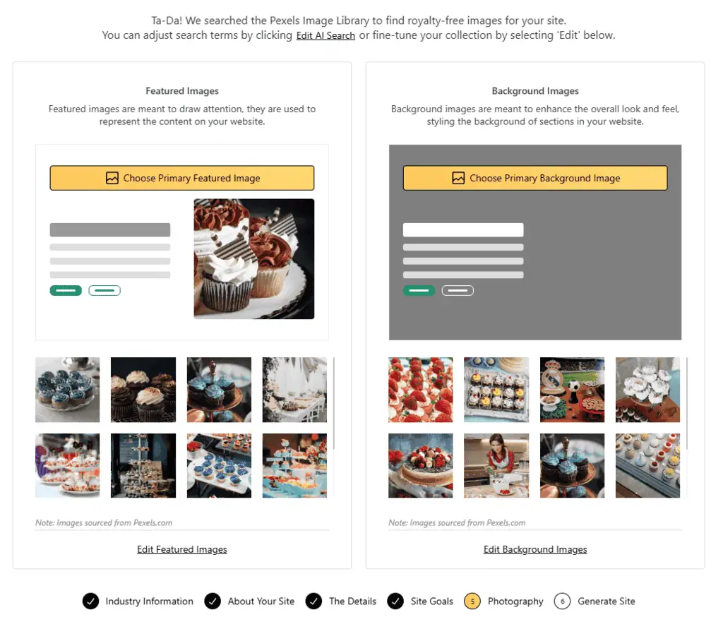 StellarSites AI-generated website design options and image selection