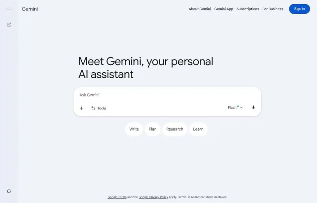 Google Gemini homepage with multimodal AI across text, images, audio, and video