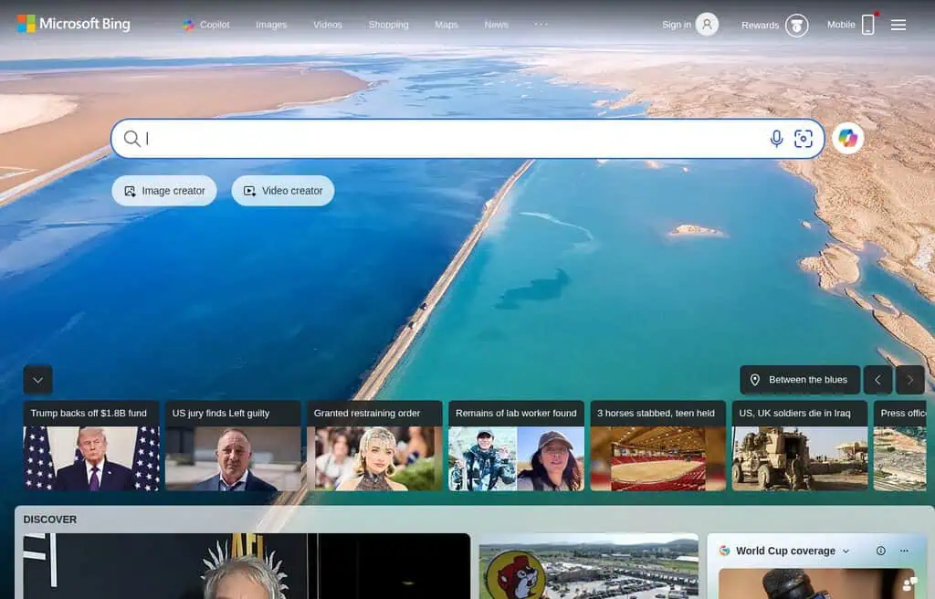 Microsoft Bing AI search results page with multimedia answers