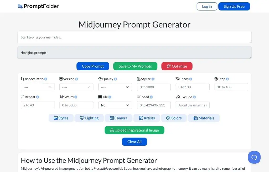 Midjourney prompt builder tool