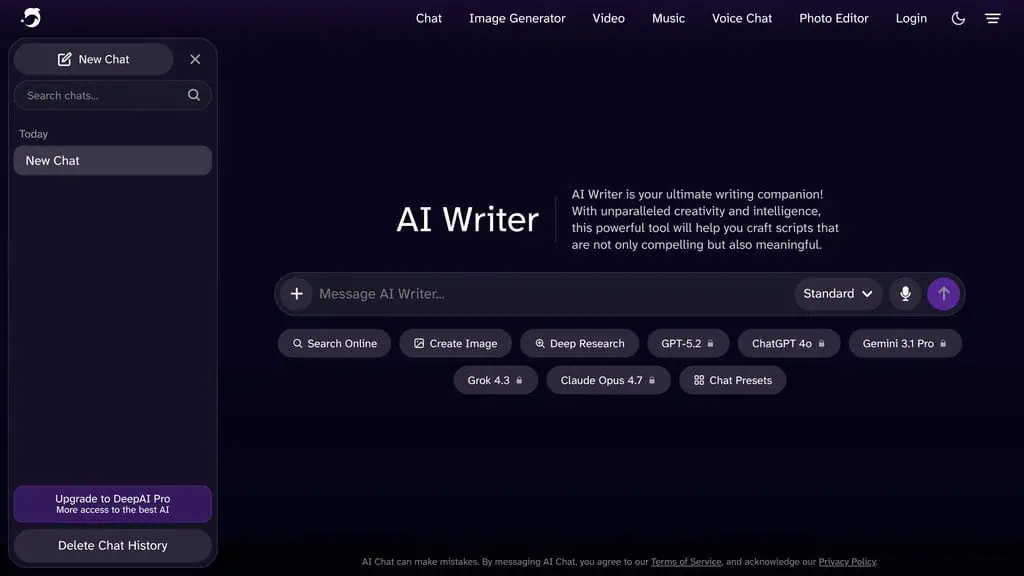 DeepAI free AI writer chat interface generating an article