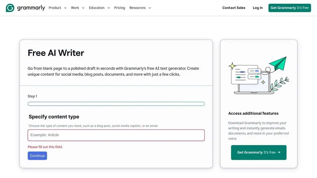 Grammarly free AI writer generating text and checking grammar
