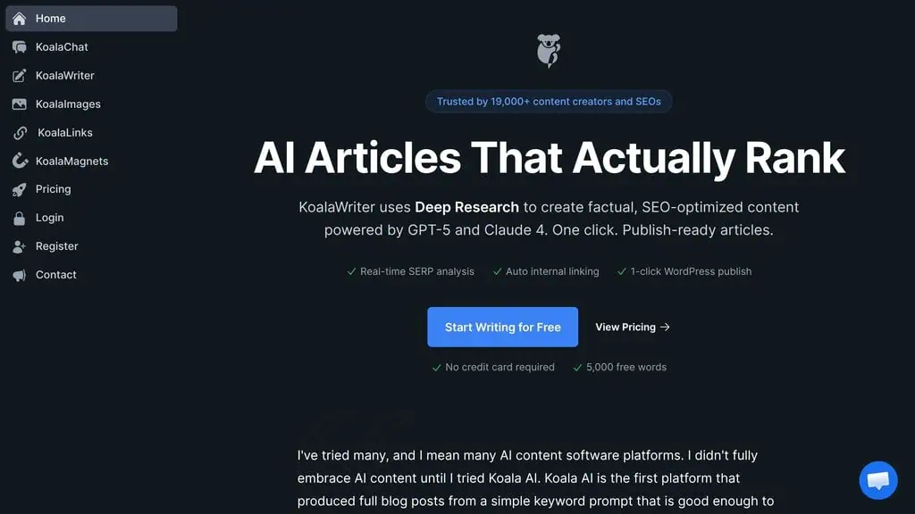 Koala AI article writer built for SEO ranking