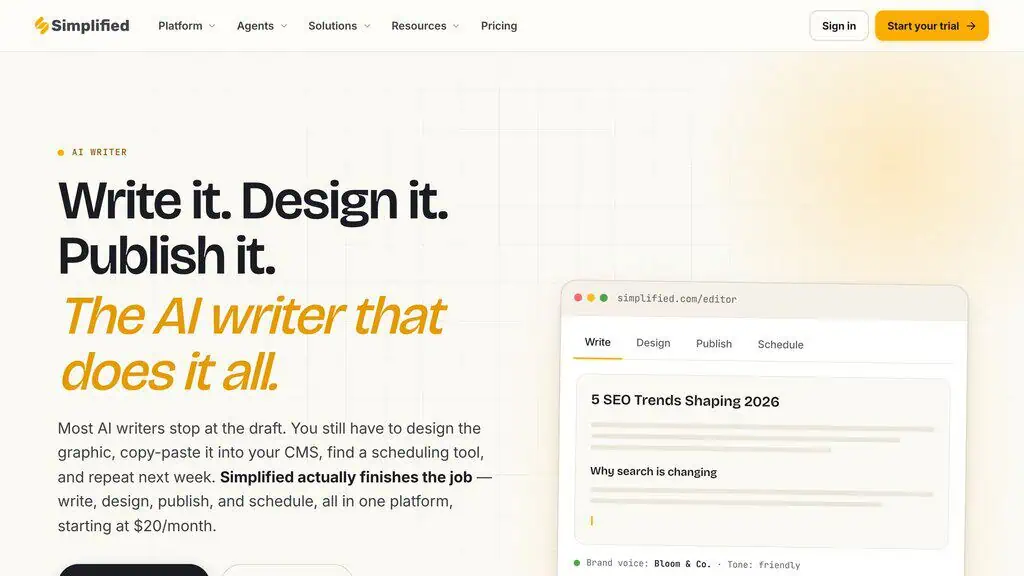 Simplified AI writer generating copy alongside design tools