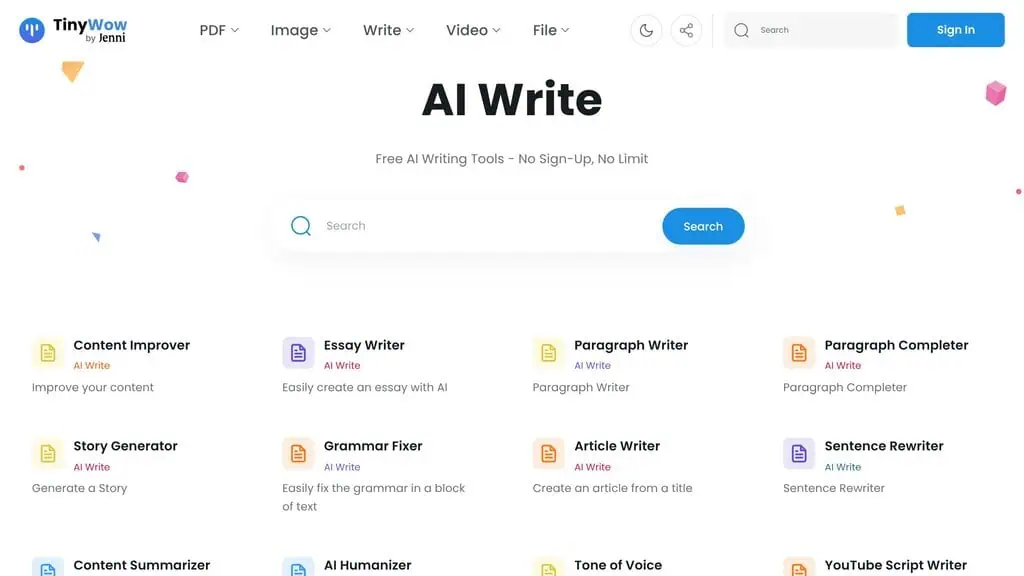 TinyWow free AI writing tools dashboard with no login required
