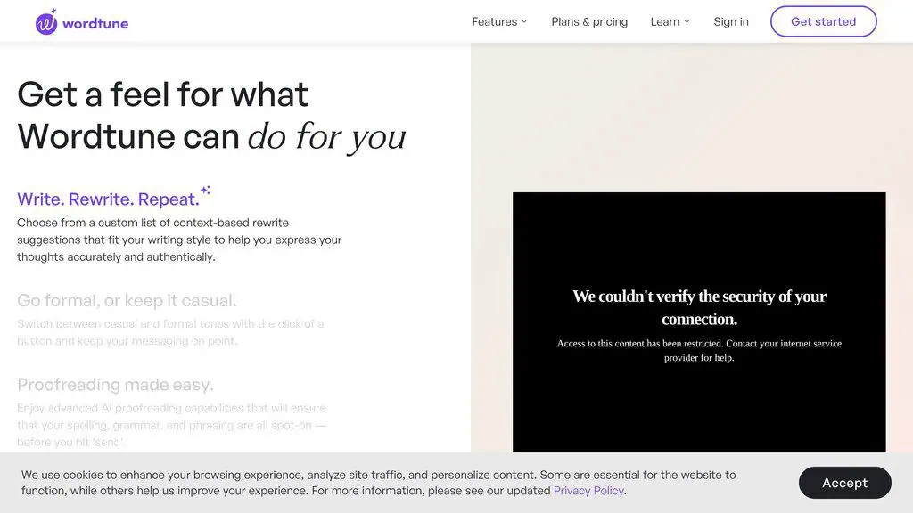 Wordtune AI writer rewriting and refining a sentence with tone options