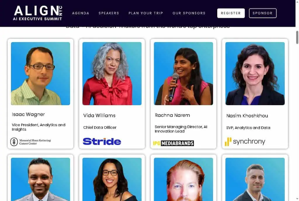 ALIGN AI Executive Summit NYC 2026 featured speakers grid showing senior data and AI leaders