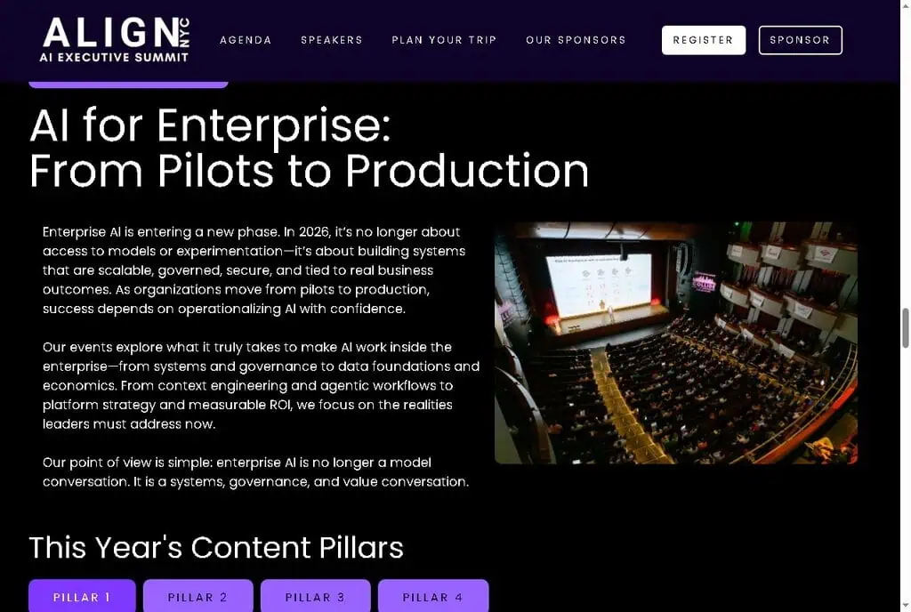 ALIGN AI Executive Summit 2026 theme section, AI for Enterprise From Pilots to Production