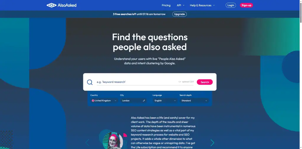 AlsoAsked tool showing related questions map for keyword research
