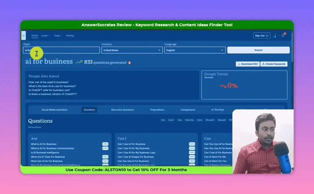 Answer Socrates results page for 'AI for business' query showing 833 questions with funnel intent labels