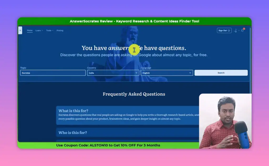 Answer Socrates search interface showing topic input with country and language selector options