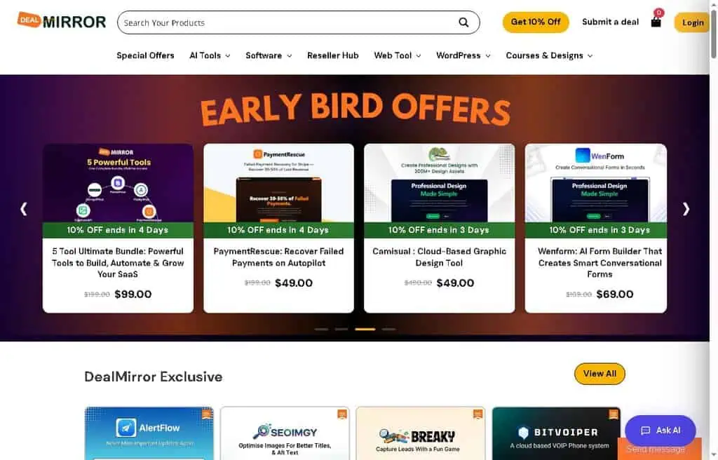 DealMirror homepage showing early bird lifetime software and AI tool offers